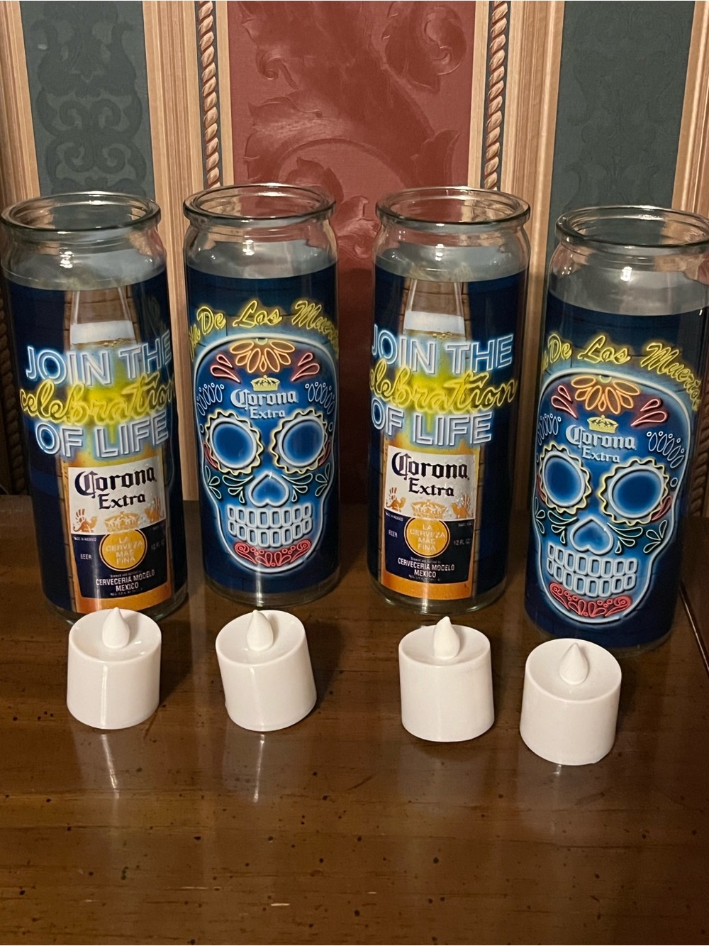 Corona Extra Set of 4 Blue Glass Jar Candles w/ Battery-Operated LED Tealights